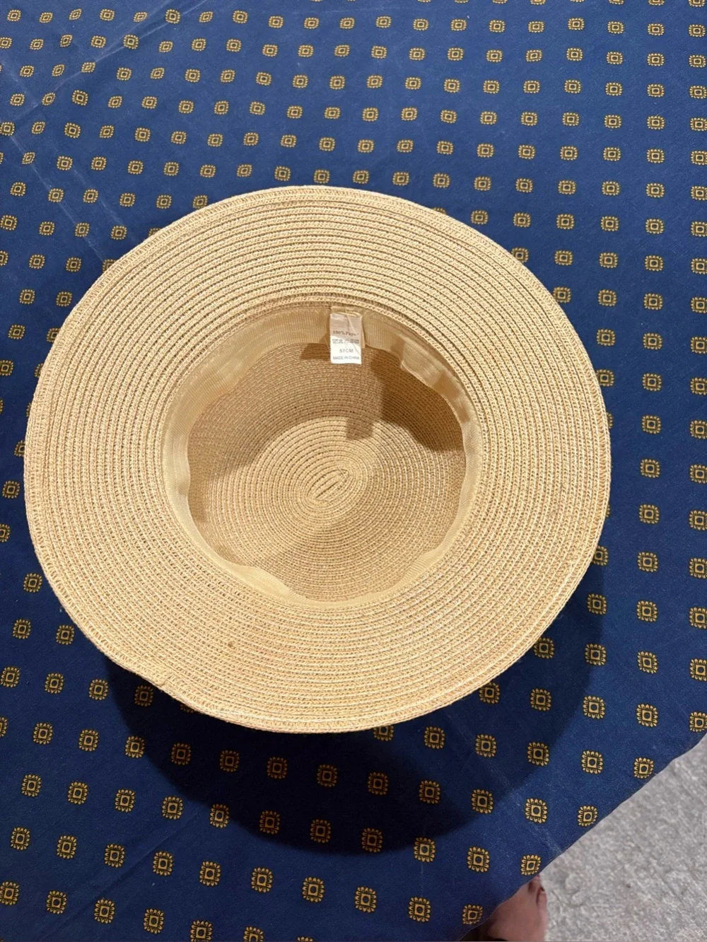 Kids Straw Sun Hat with Blue Floral Bow - Cream